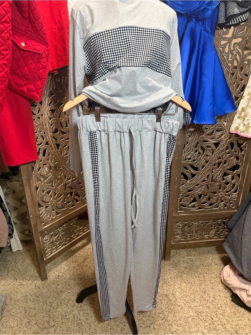 New in bag. Light Gray Two-Piece Lounge Set with Checked Accent